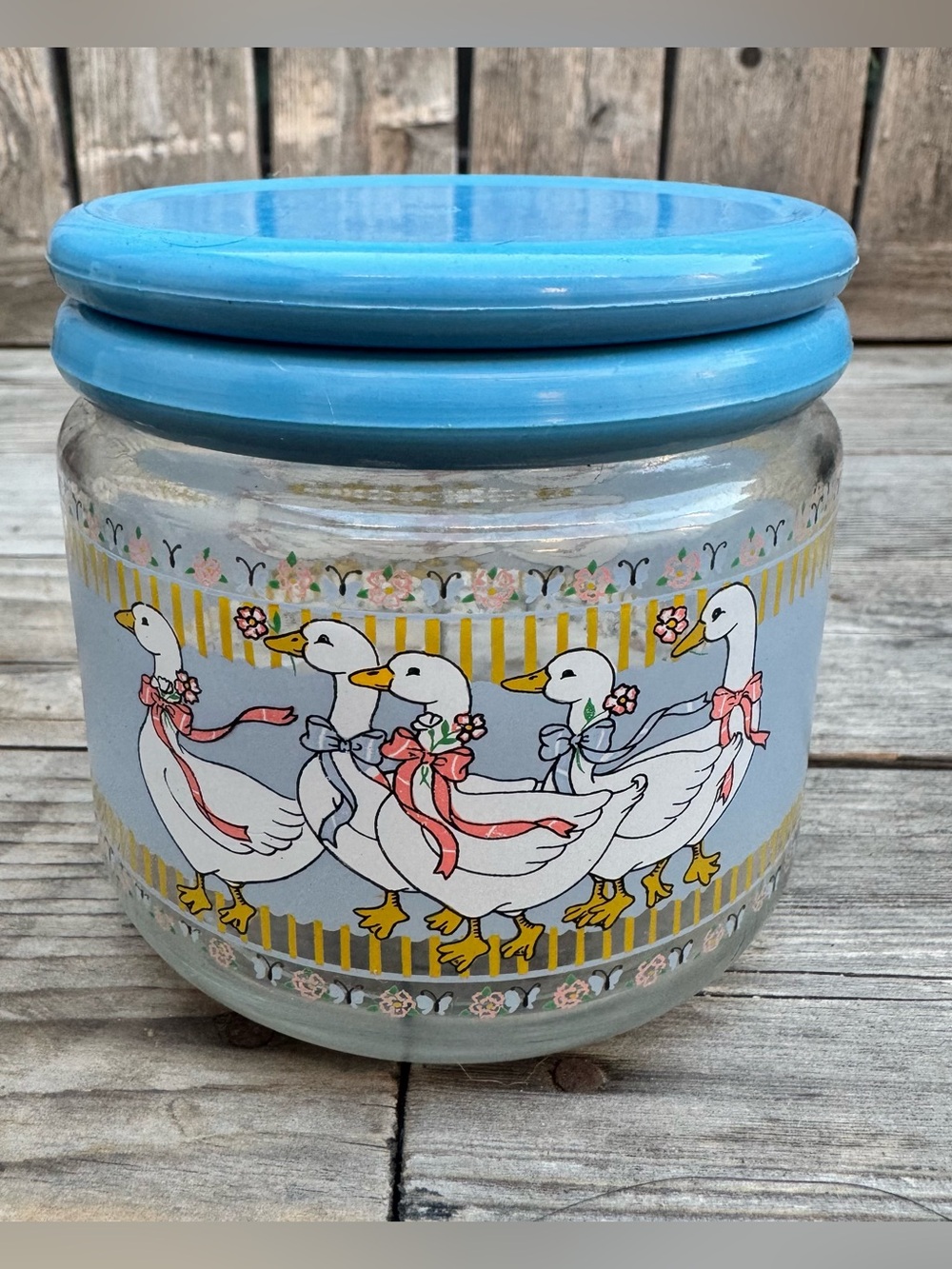 Vintage 80s Country Geese Glass Jar Canister w/ Blue Lid